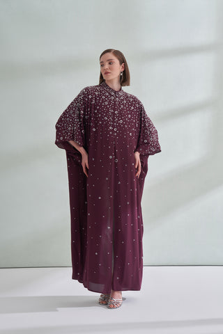 Çiçek Boncuk Taş Baskılı Femuar Detaylı Abaya - mürdüm