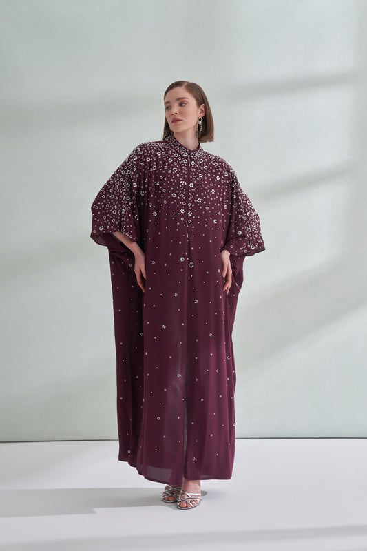 Çiçek Boncuk Taş Baskılı Femuar Detaylı Abaya - mürdüm