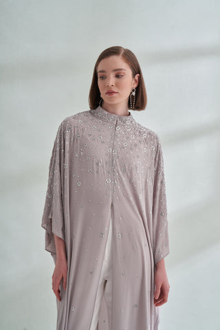 Çiçek Boncuk Taş Baskılı Femuar Detaylı Abaya - taş