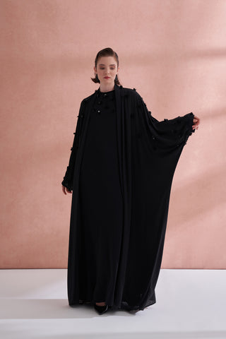 El İşi Pul Detaylı İçlikli Abaya - siyah