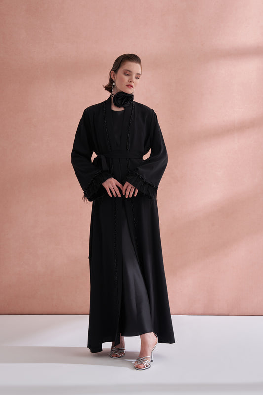 Elişi Ve Kolları Tüy Detaylı Abaya - siyah