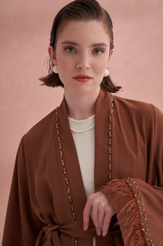 Elişi Ve Kolları Tüy Detaylı Abaya - taba