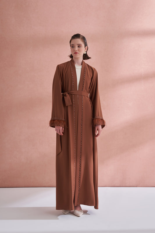 Elişi Ve Kolları Tüy Detaylı Abaya - taba
