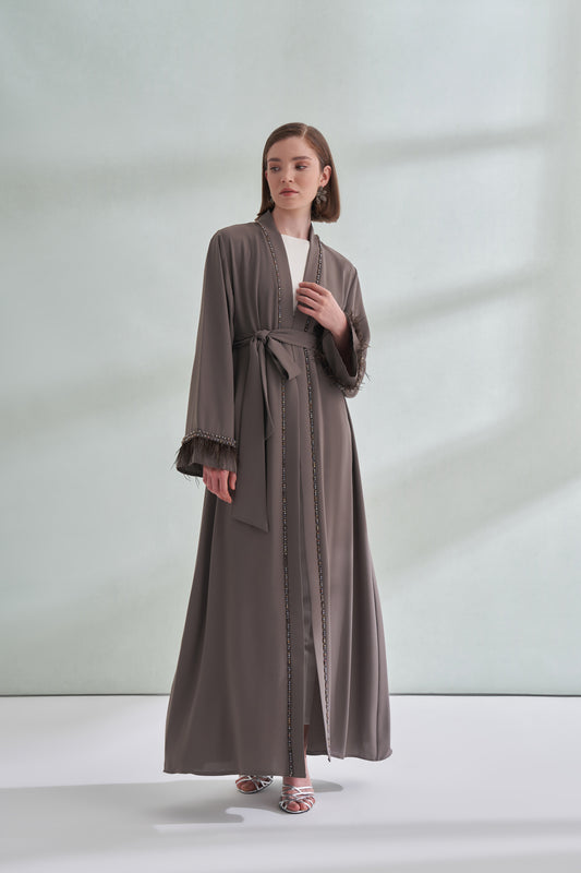 Elişi Ve Kolları Tüy Detaylı Abaya - vizon