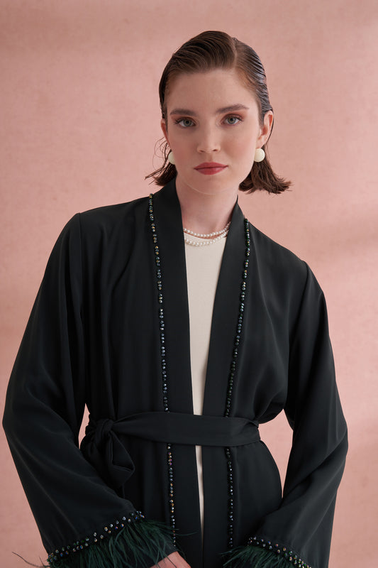 Elişi Ve Kolları Tüy Detaylı Abaya - zümrüt