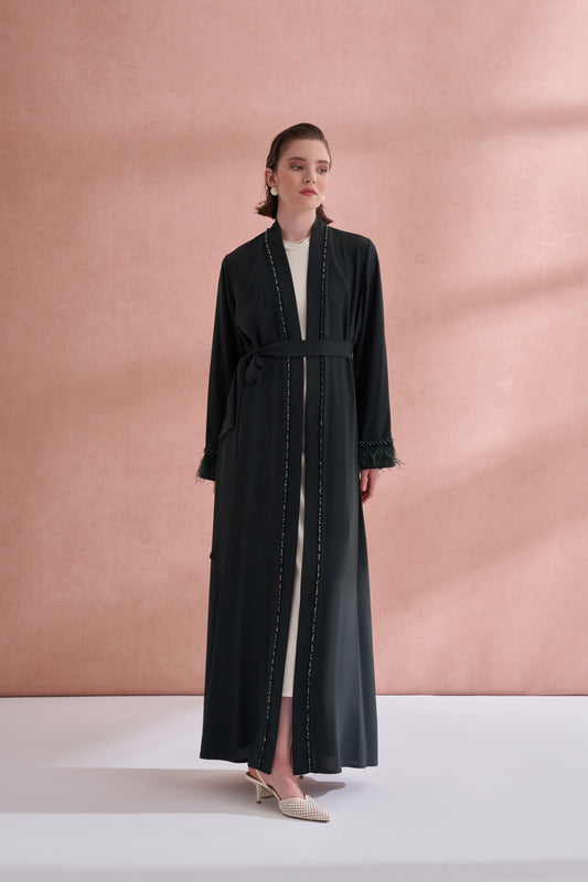 Elişi Ve Kolları Tüy Detaylı Abaya - zümrüt