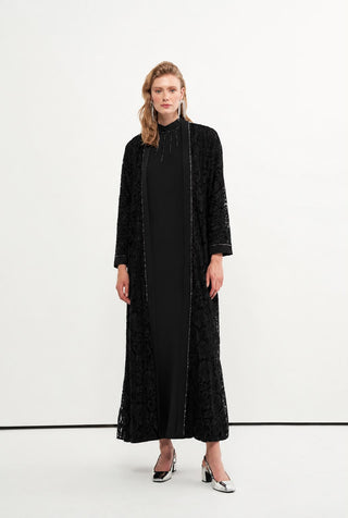 Boncuk İşlemeli Dantelli Abaya - siyah
