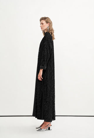 Boncuk İşlemeli Dantelli Abaya - siyah