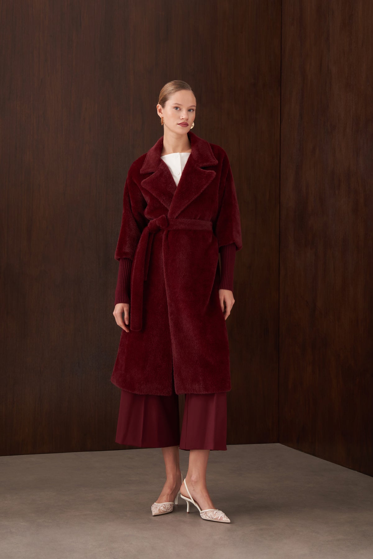 Triko Detaylı Angora Kap - bordo