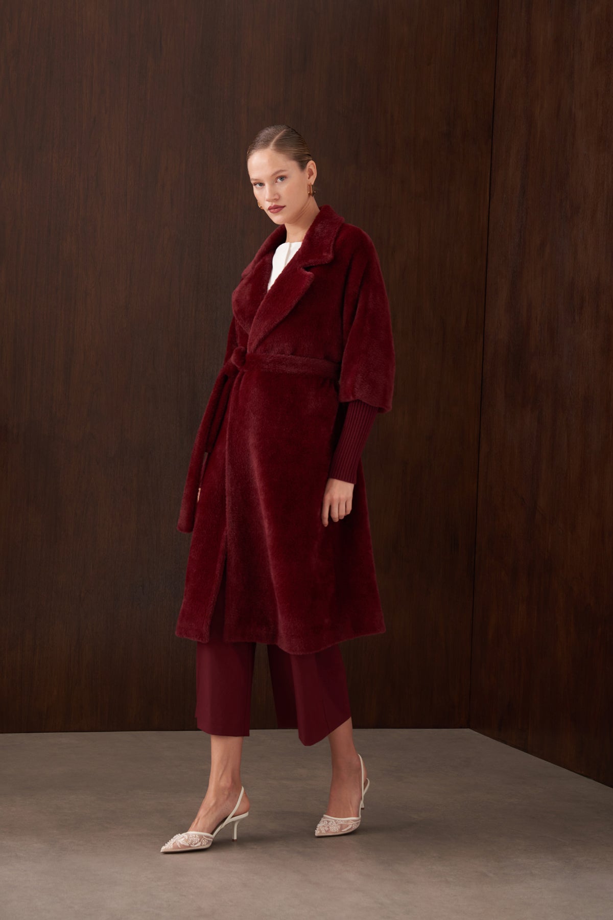 Triko Detaylı Angora Kap - bordo