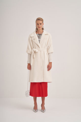 Triko Detaylı Angora Kap - Ekru