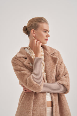 Triko Detaylı Angora Kap - Taba