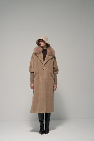 Yakası Kürklü Triko Detaylı Angora Kap - koyu bej