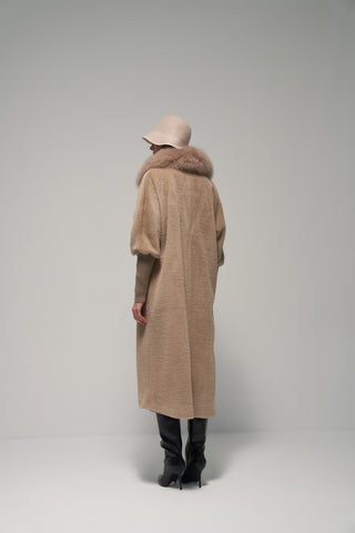 Yakası Kürklü Triko Detaylı Angora Kap - koyu bej