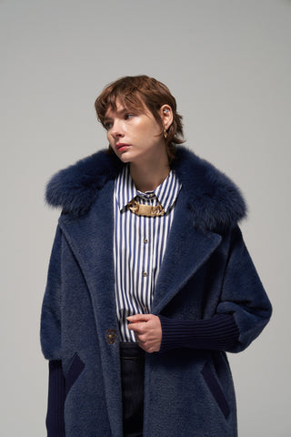 Yakası Kürklü Triko Detaylı Angora Kap - lacivert