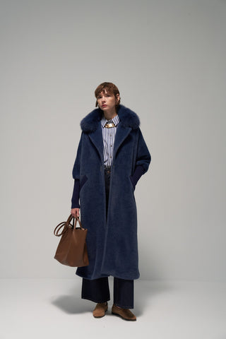 Yakası Kürklü Triko Detaylı Angora Kap - lacivert