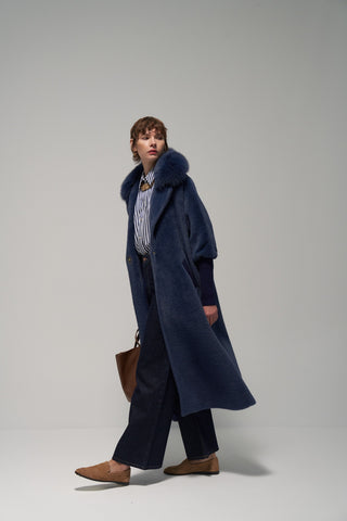 Yakası Kürklü Triko Detaylı Angora Kap - lacivert