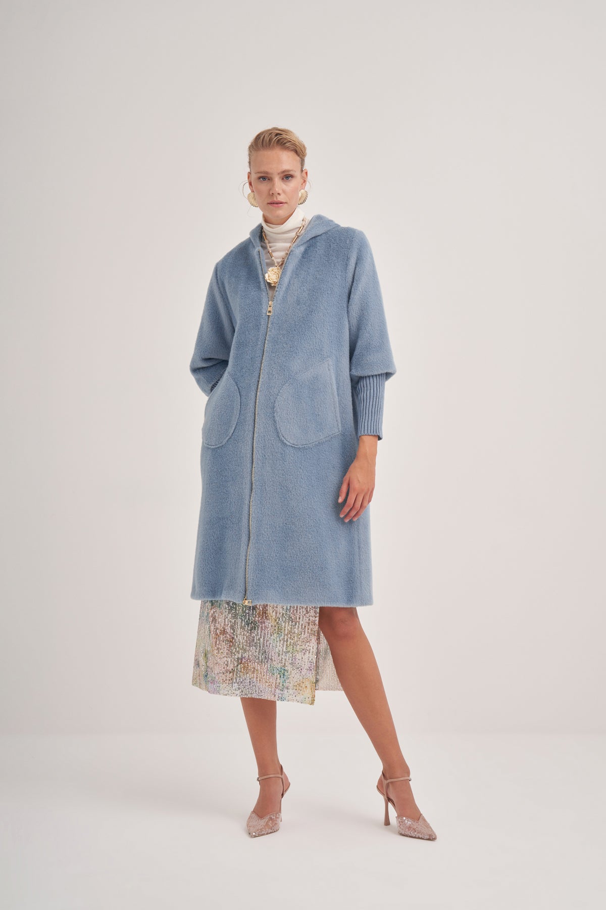 Trikolu Kapşonlu Angora Kap - mavi