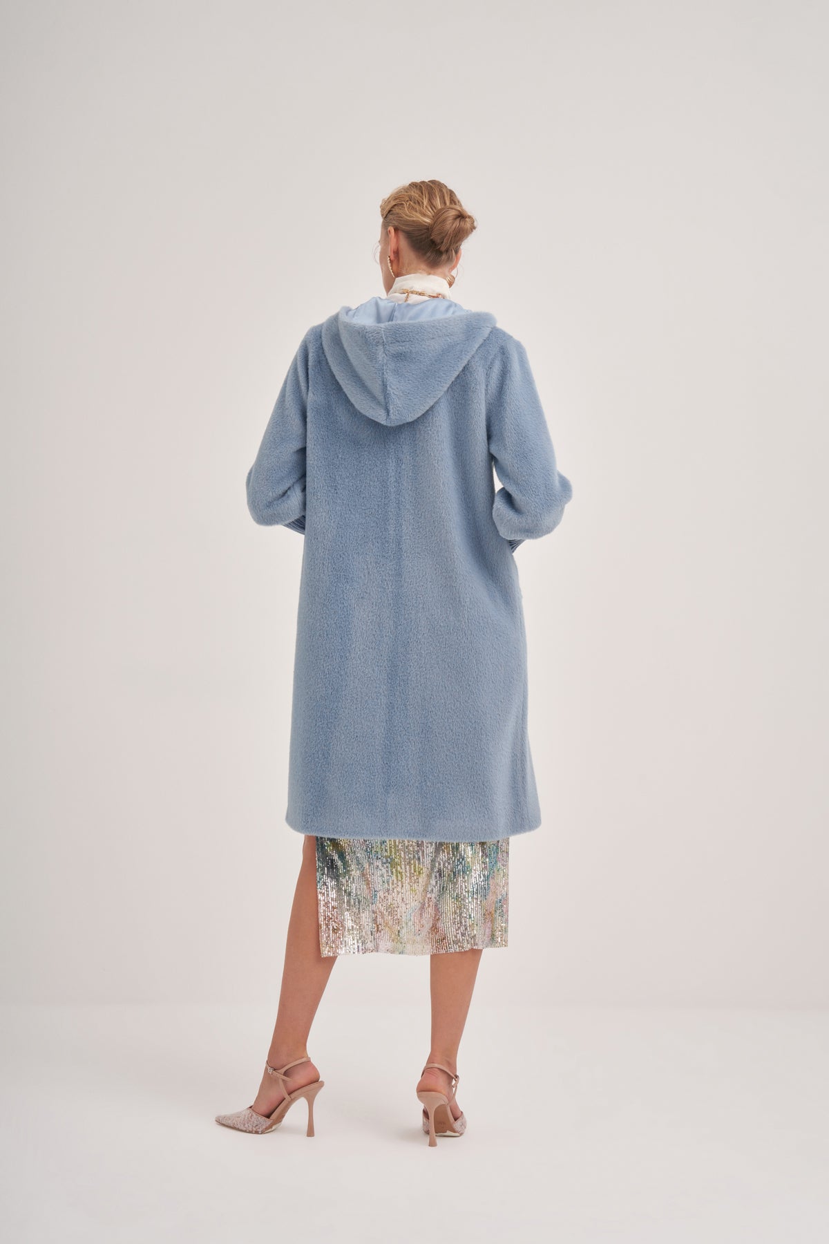 Trikolu Kapşonlu Angora Kap - mavi