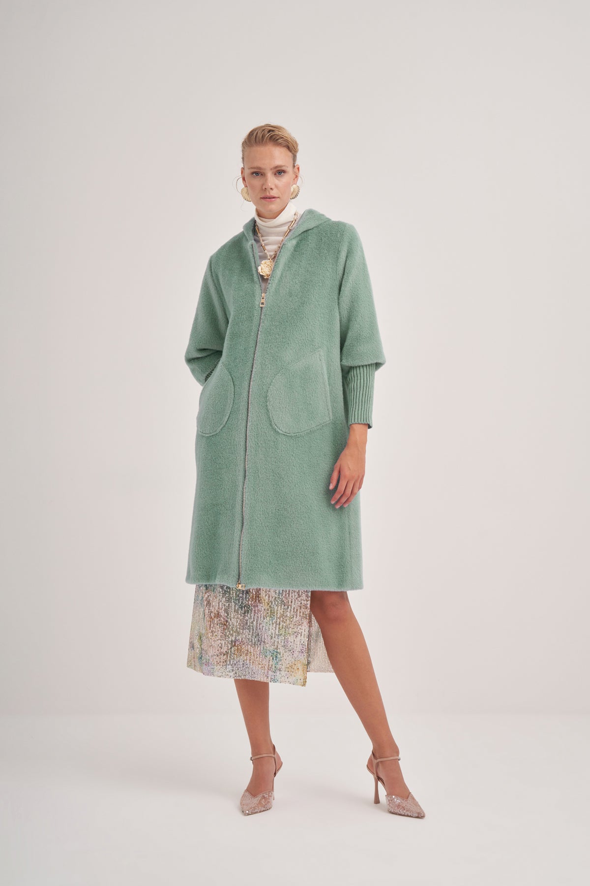 Trikolu Kapşonlu Angora Kap - mint yeşili