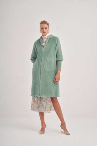 Trikolu Kapşonlu Angora Kap - mint yeşili