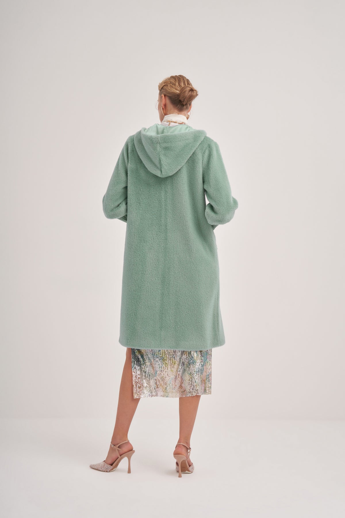 Trikolu Kapşonlu Angora Kap - mint yeşili