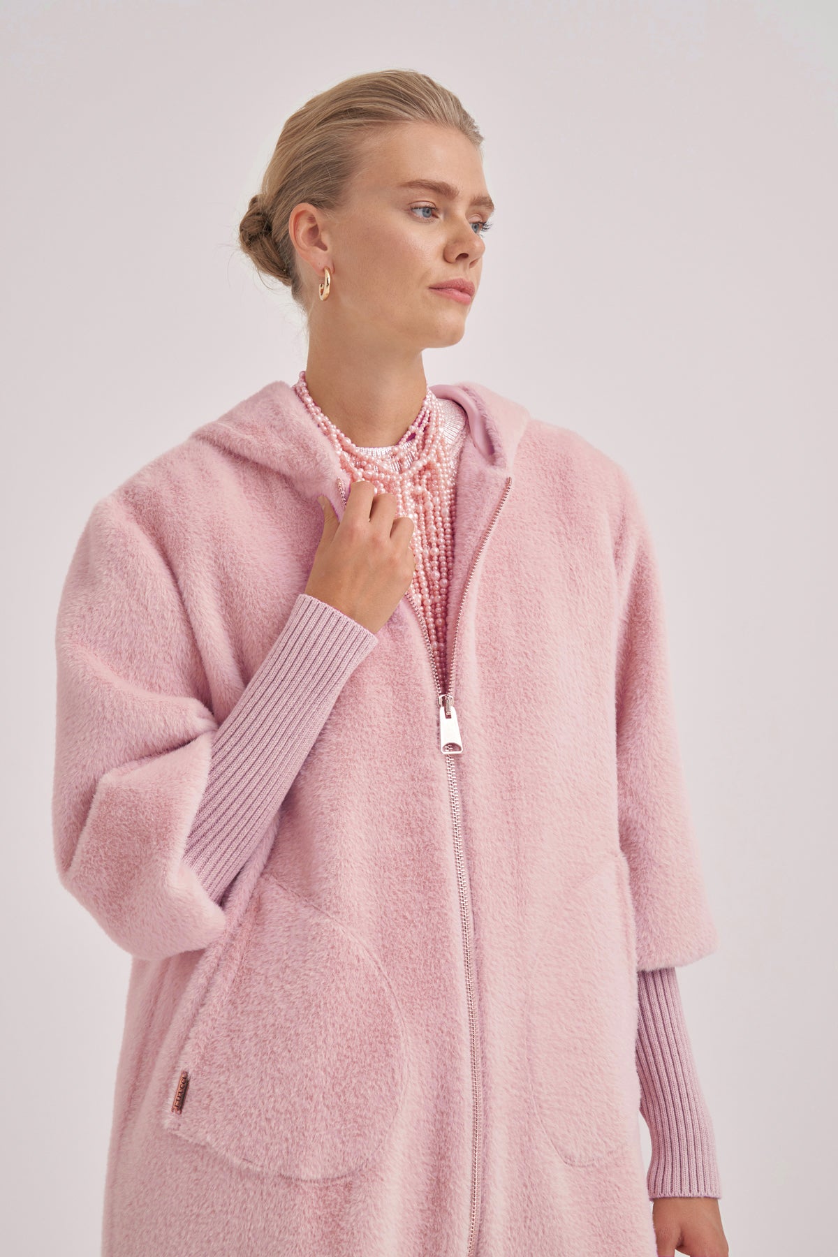 Trikolu Kapşonlu Angora Kap - pembe