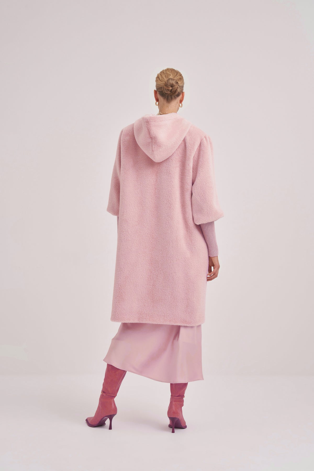 Trikolu Kapşonlu Angora Kap - pembe