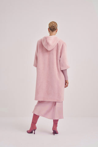 Trikolu Kapşonlu Angora Kap - pembe