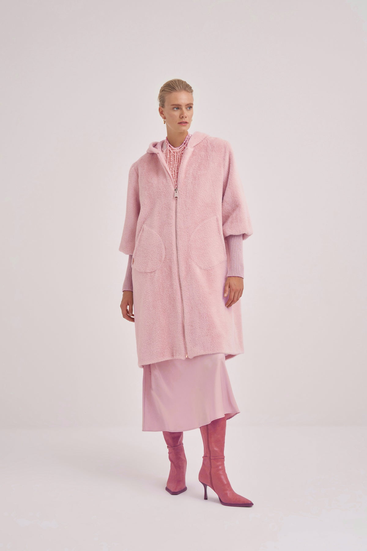 Trikolu Kapşonlu Angora Kap - pembe