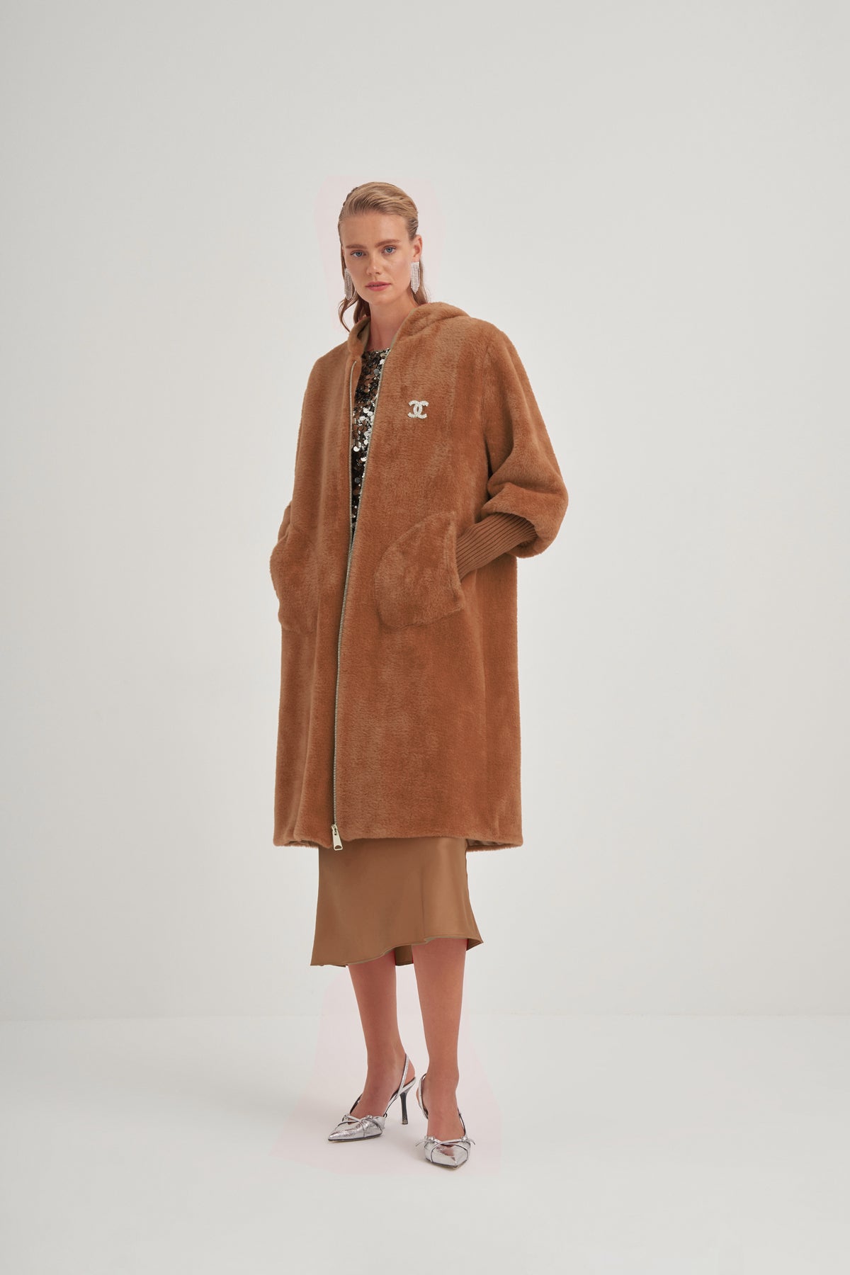 Trikolu Kapşonlu Angora Kap - taba