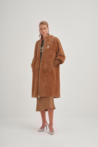 Trikolu Kapşonlu Angora Kap - taba