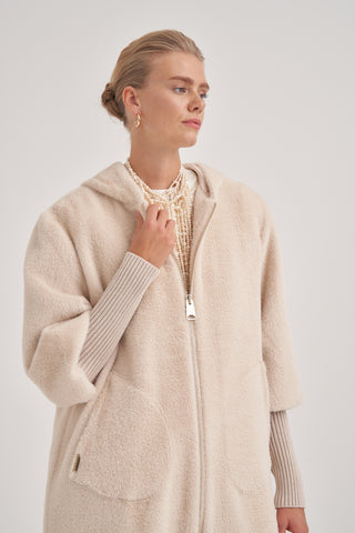 Trikolu Kapşonlu Angora Kap - Açık Bej