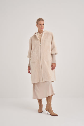 Trikolu Kapşonlu Angora Kap - Açık Bej