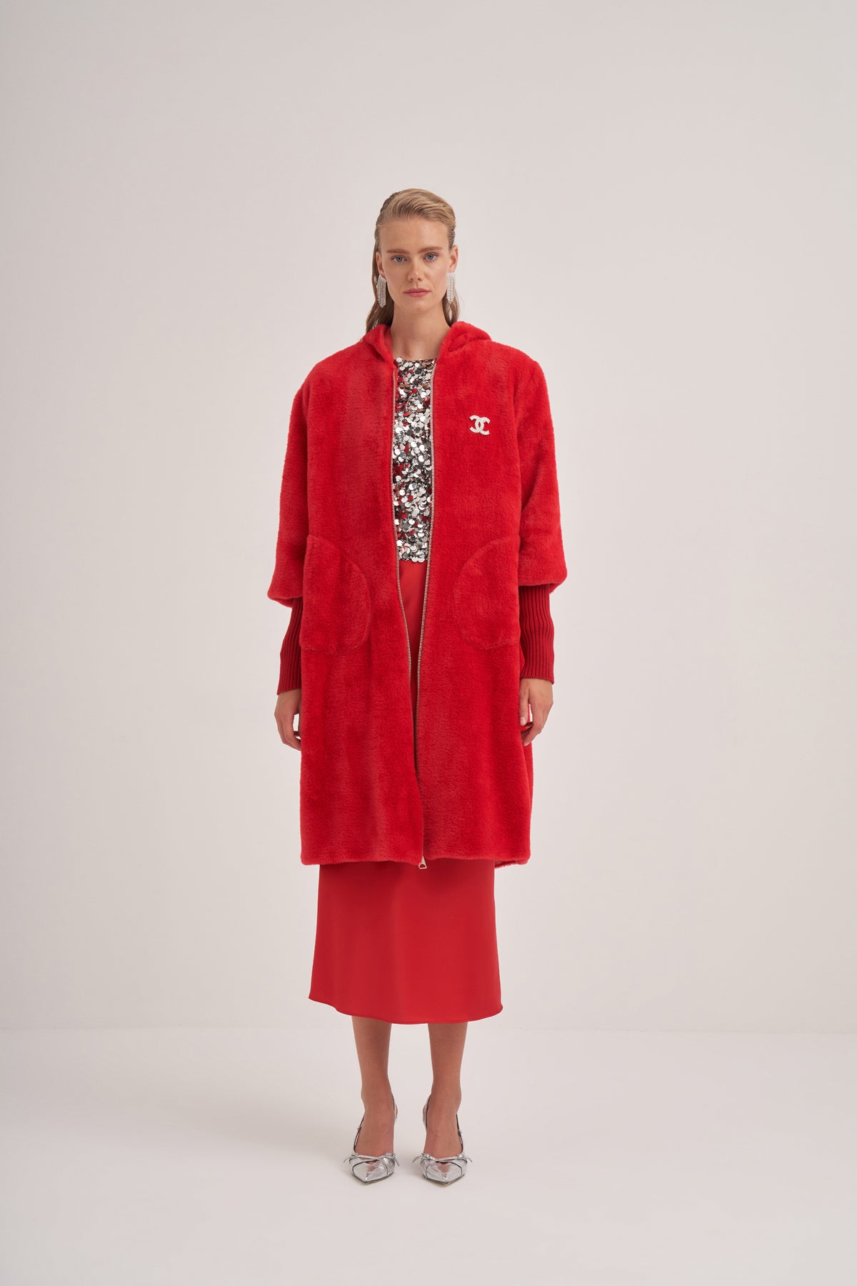 Trikolu Kapşonlu Angora Kap - Kırmızı