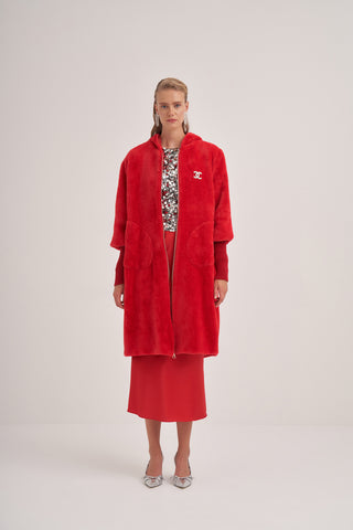 Trikolu Kapşonlu Angora Kap - Kırmızı