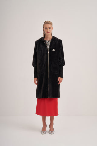 Trikolu Kapşonlu Angora Kap - Siyah