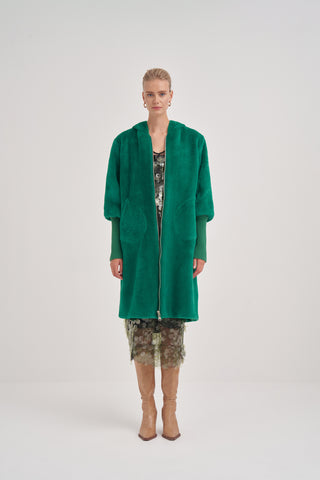 Trikolu Kapşonlu Angora Kap - Yeşil