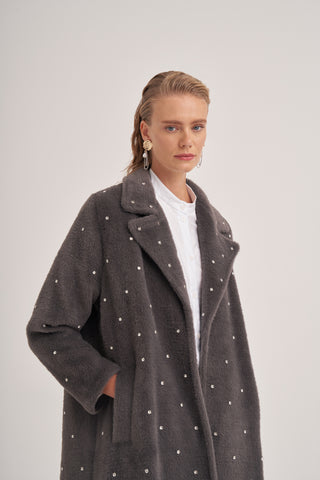 Taş Çakımlı Oversize Yarasa Kollu Kaban - Gri