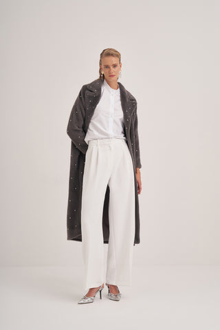 Taş Çakımlı Oversize Yarasa Kollu Kaban - Gri