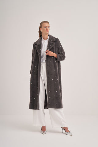 Taş Çakımlı Oversize Yarasa Kollu Kaban - Gri