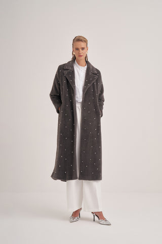 Taş Çakımlı Oversize Yarasa Kollu Kaban - Gri