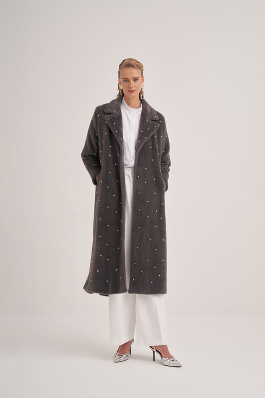 Taş Çakımlı Oversize Yarasa Kollu Kaban - Gri