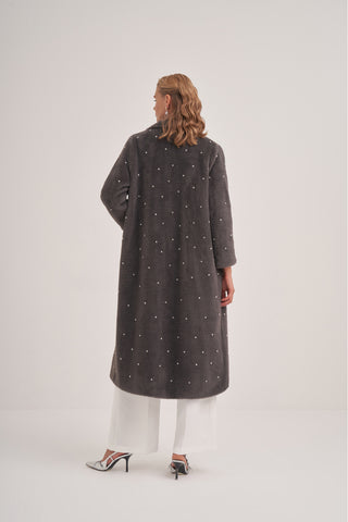 Taş Çakımlı Oversize Yarasa Kollu Kaban - Gri