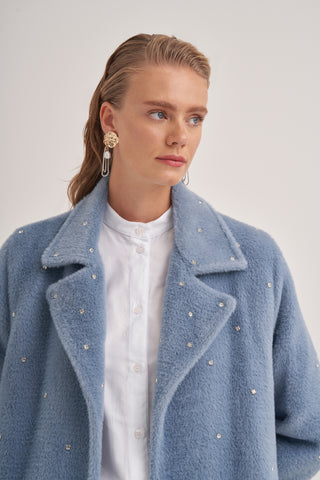 Taş Çakımlı Oversize Yarasa Kollu Kaban - Mavi