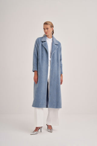 Taş Çakımlı Oversize Yarasa Kollu Kaban - Mavi