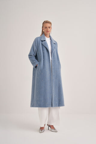 Taş Çakımlı Oversize Yarasa Kollu Kaban - Mavi