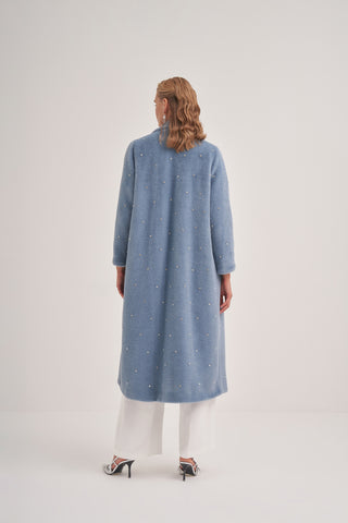 Taş Çakımlı Oversize Yarasa Kollu Kaban - Mavi