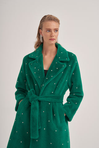 Taş Çakımlı Oversize Yarasa Kollu Kaban - Yeşil