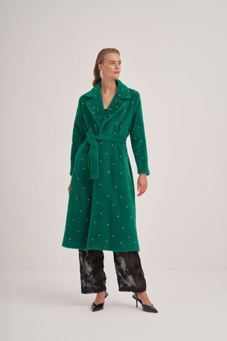 Taş Çakımlı Oversize Yarasa Kollu Kaban - Yeşil